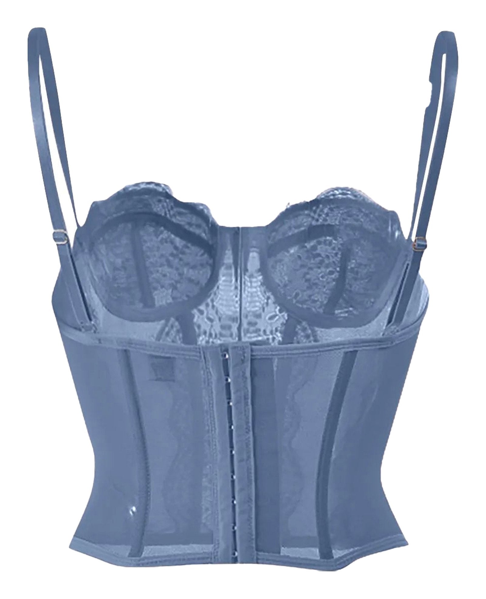 Plus size gothic corset top in blue with adjustable straps and lace details