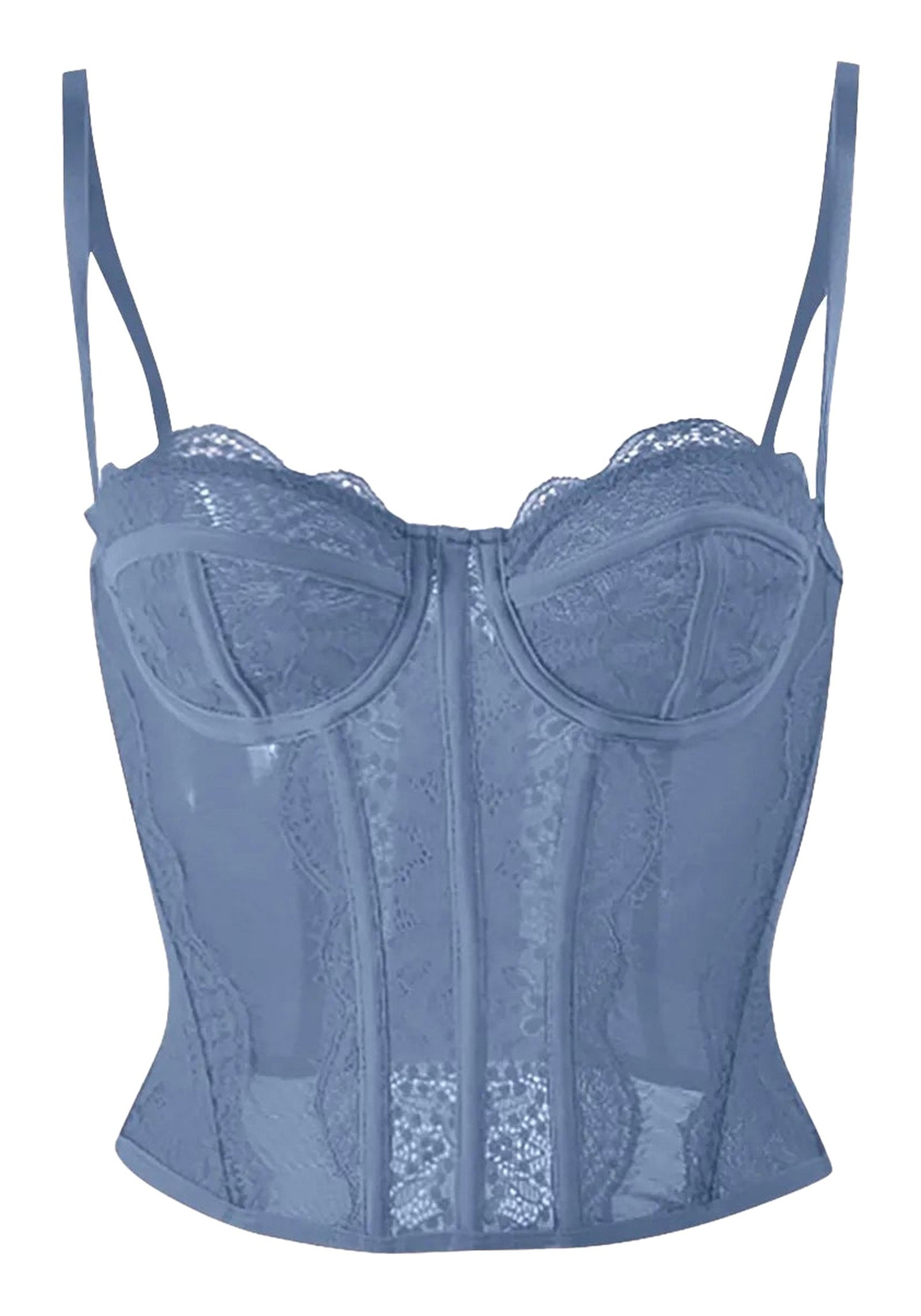 Plus size gothic corset top in blue with lace details and adjustable straps for a flattering fit