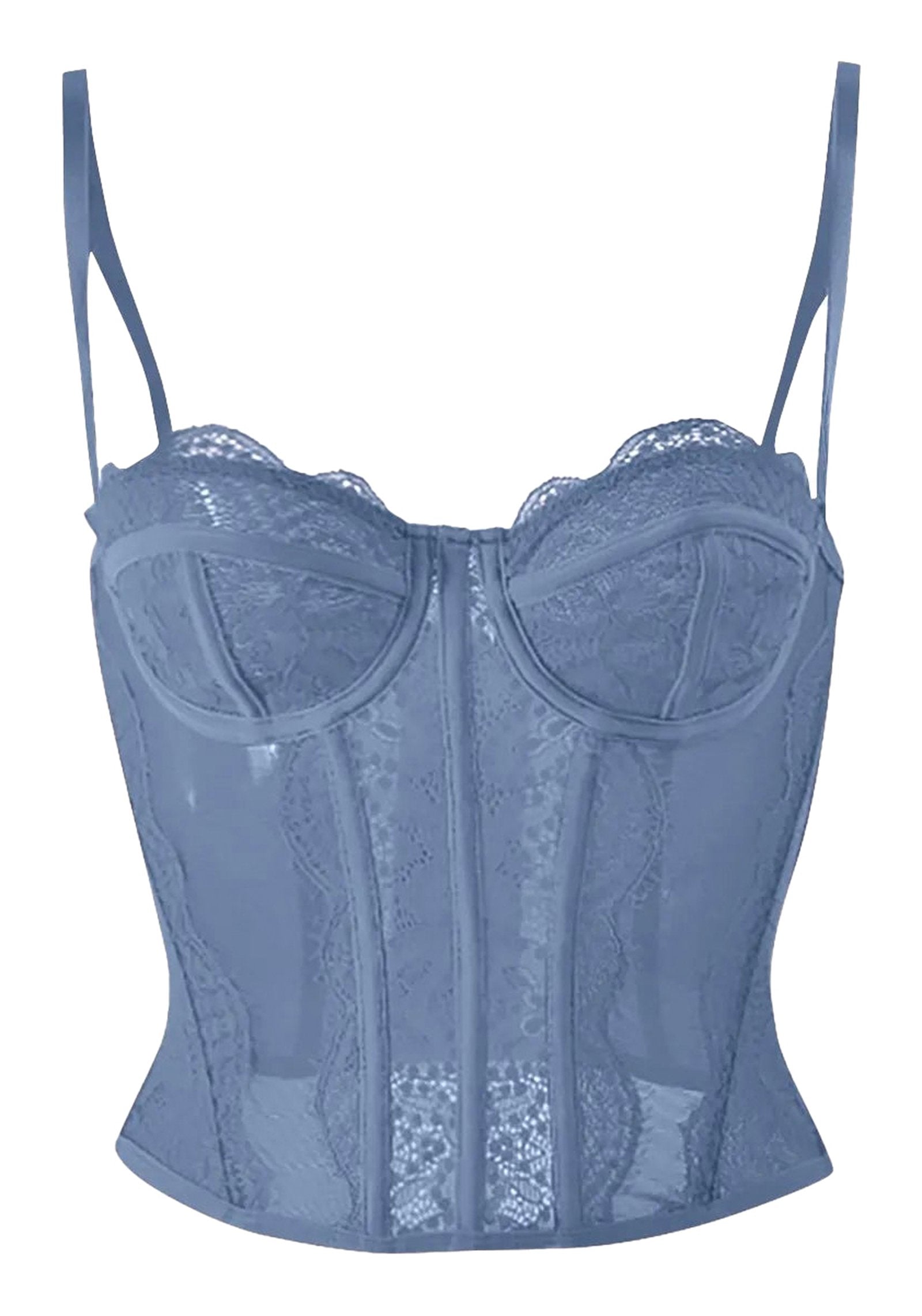 Plus size gothic corset top in blue with lace details and adjustable straps for a flattering fit
