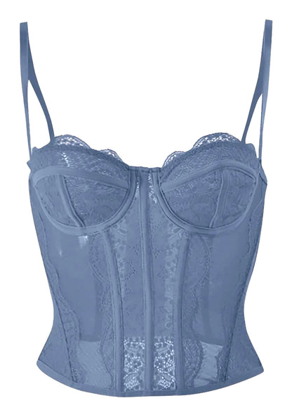 Plus size gothic corset top in blue with lace details and adjustable straps for a flattering fit