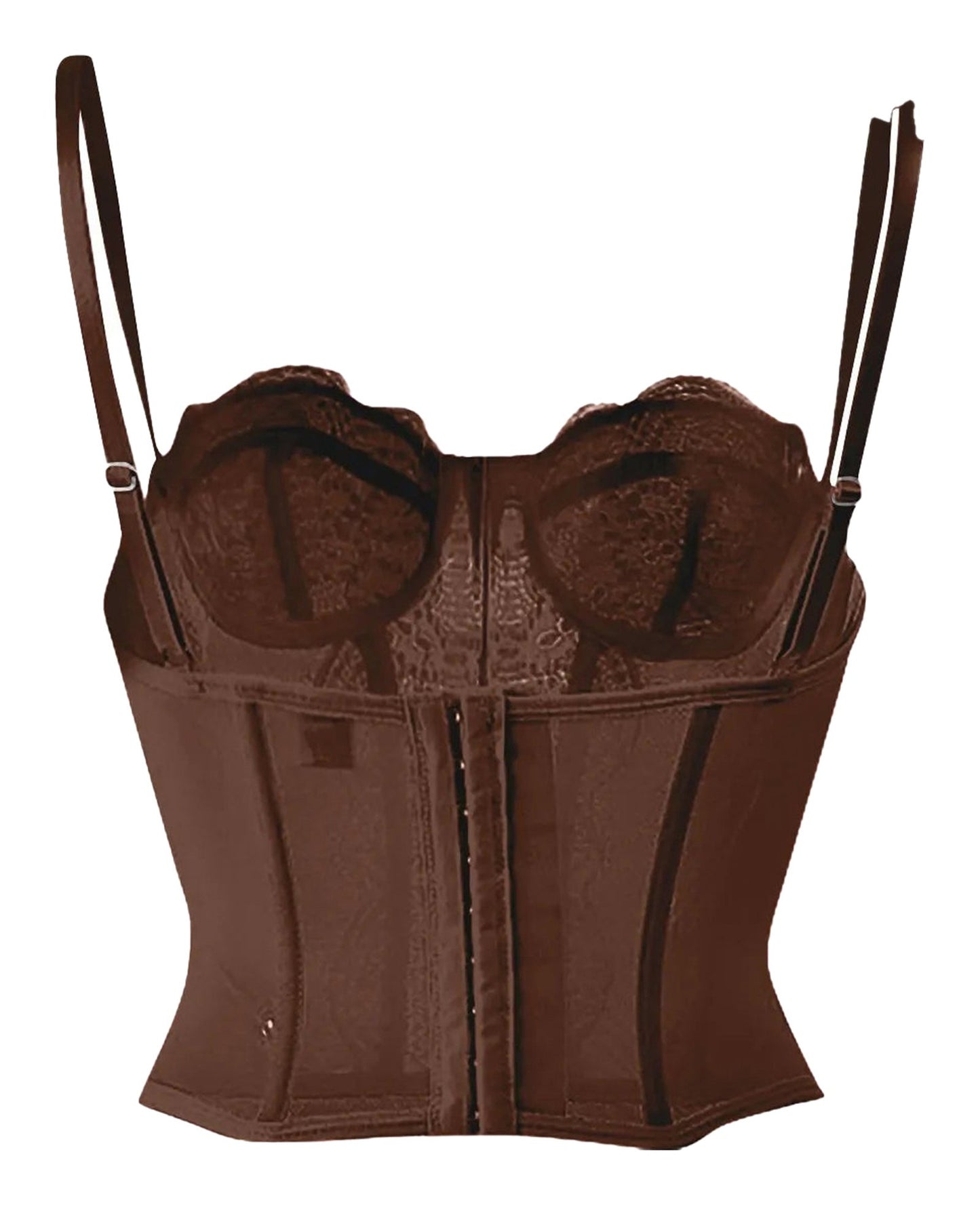 Plus size gothic corset top in brown with adjustable straps and a structured design for a flattering fit