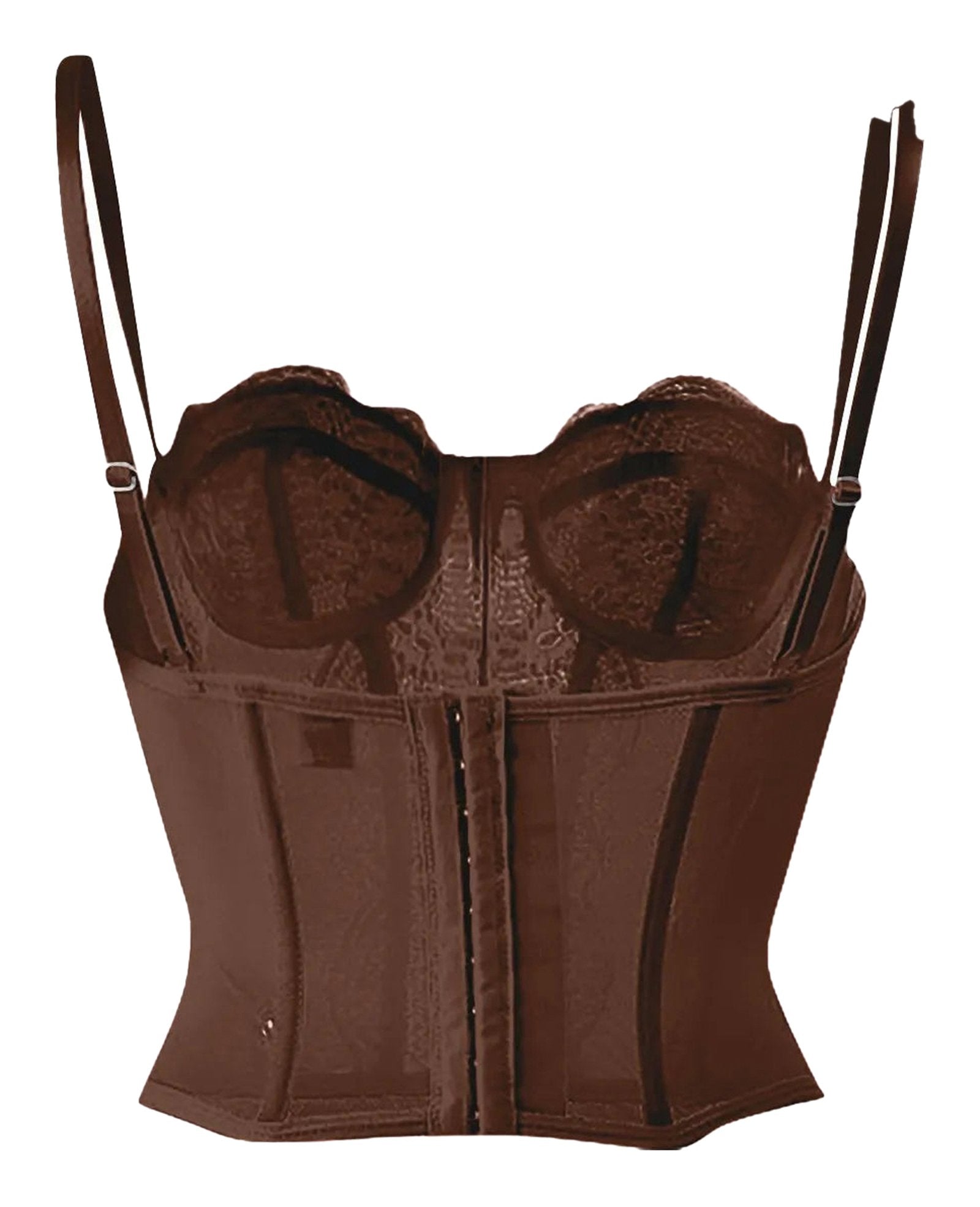 Plus size gothic corset top in brown with adjustable straps and a structured design for a flattering fit