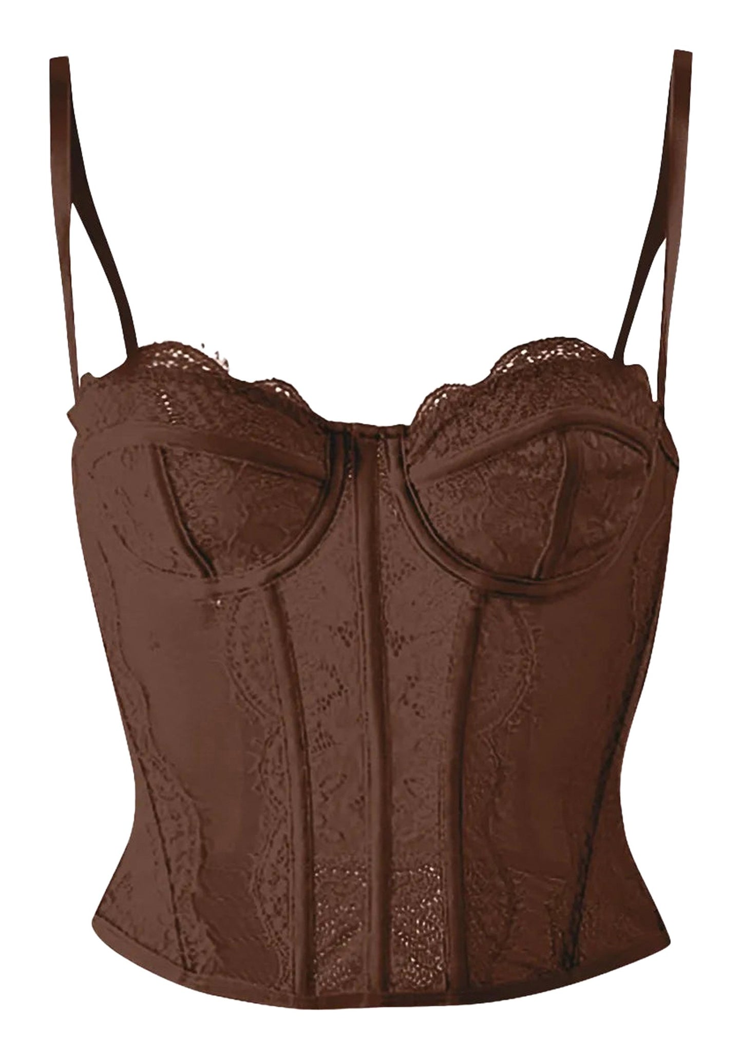 Plus size gothic corset top in brown with lace detailing and adjustable straps for a stylish look
