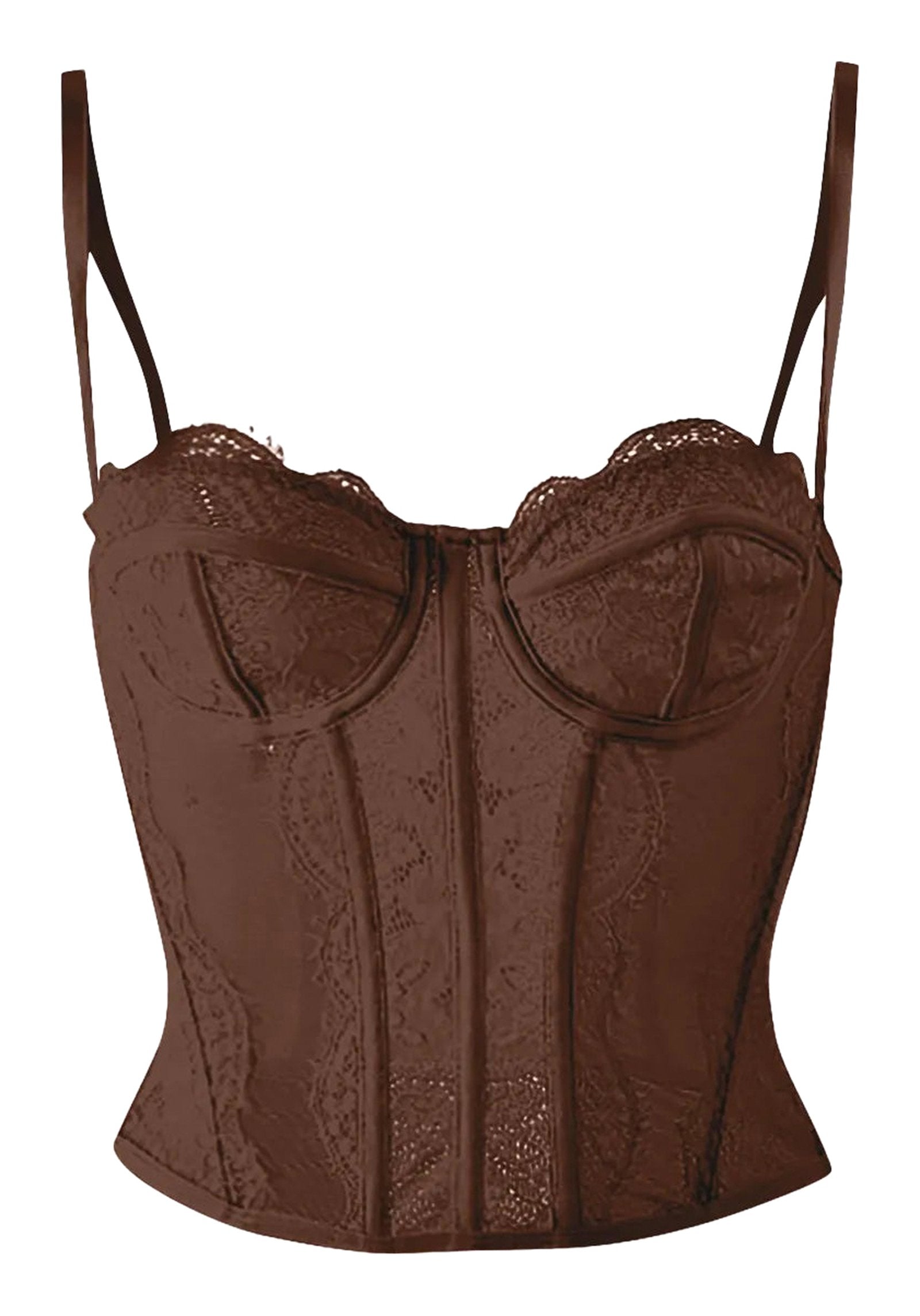 Plus size gothic corset top in brown with lace detailing and adjustable straps for a stylish look