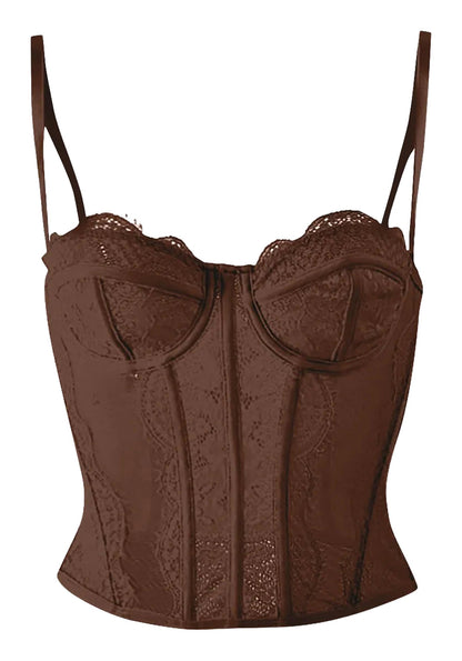 Plus size gothic corset top in brown with lace detailing and adjustable straps for a stylish look