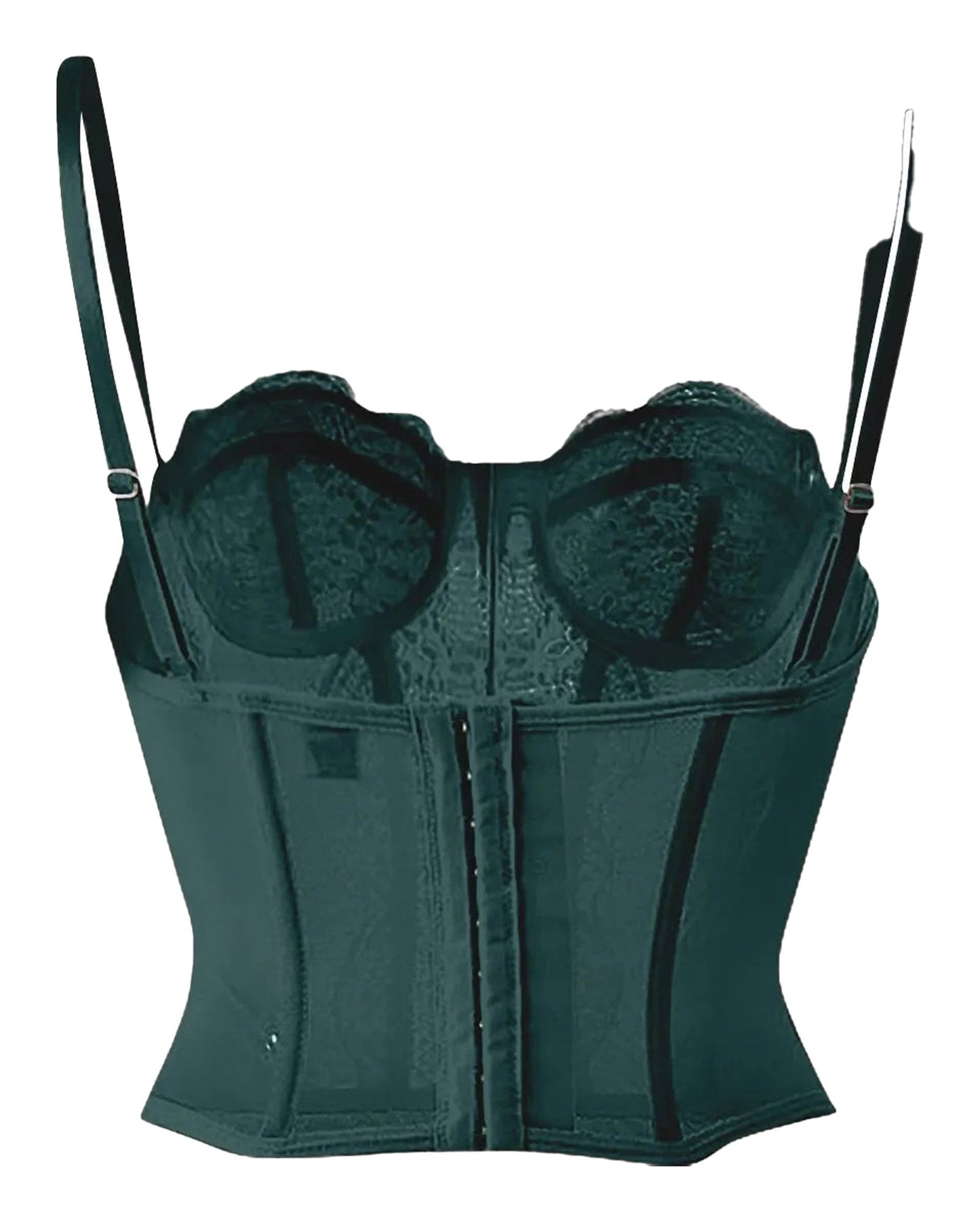 Plus size gothic corset top in dark green with adjustable straps and floral lace detailing