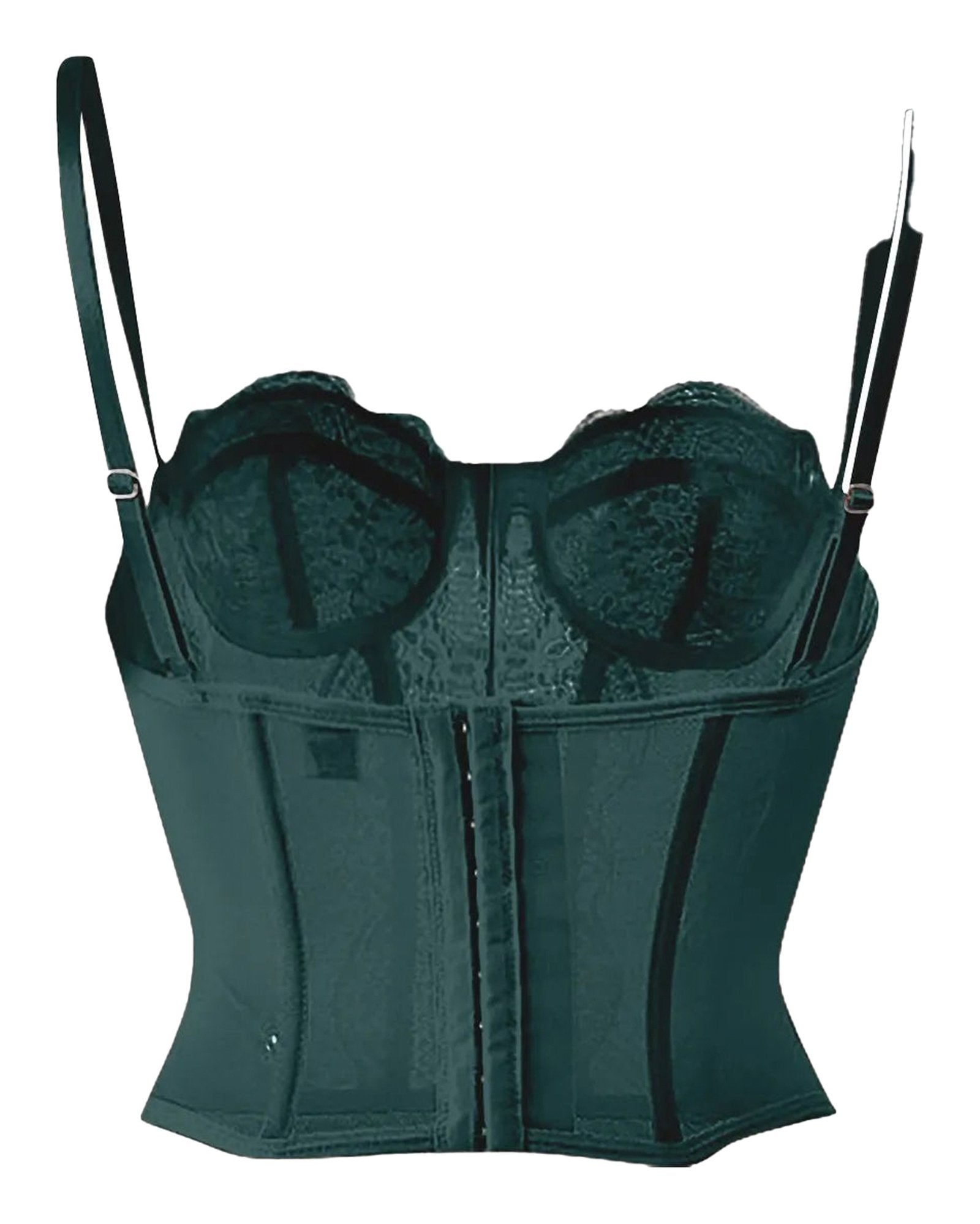 Plus size gothic corset top in dark green with adjustable straps and floral lace detailing