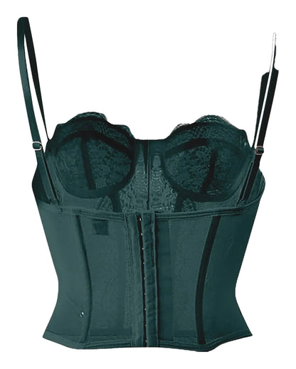 Plus size gothic corset top in dark green with adjustable straps and floral lace detailing