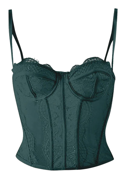 Dark green plus size gothic corset top with lace trim and supportive structure for a stylish silhouette