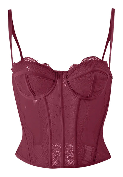 Burgundy plus size gothic corset top with lace detailing and adjustable straps for a flattering fit