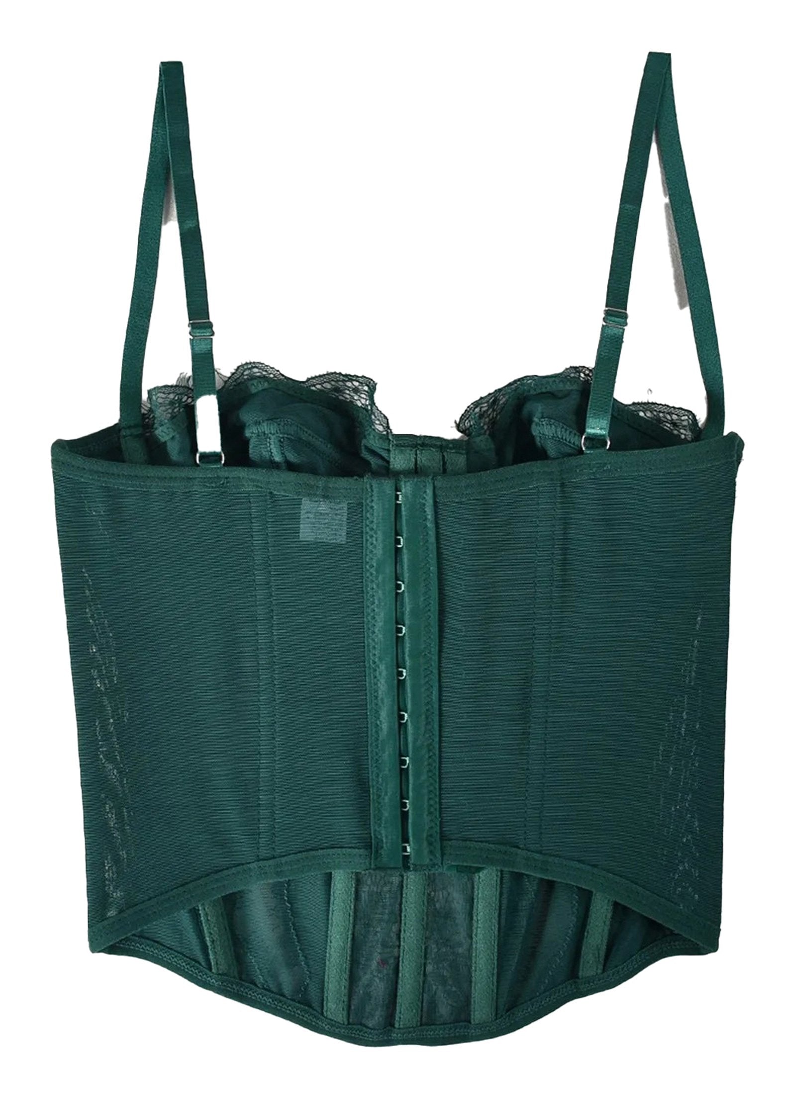 Plus size gothic corset top in dark green with adjustable straps and lace detailing