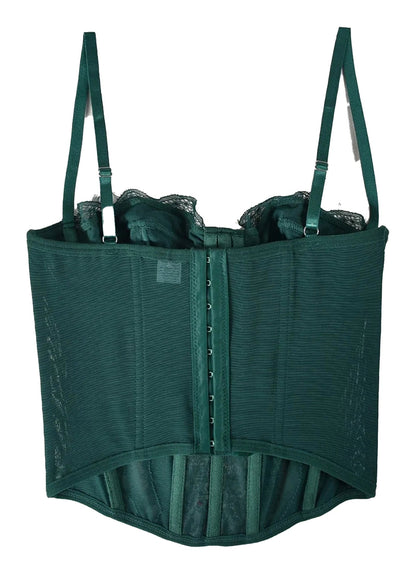 Plus size gothic corset top in dark green with adjustable straps and lace detailing