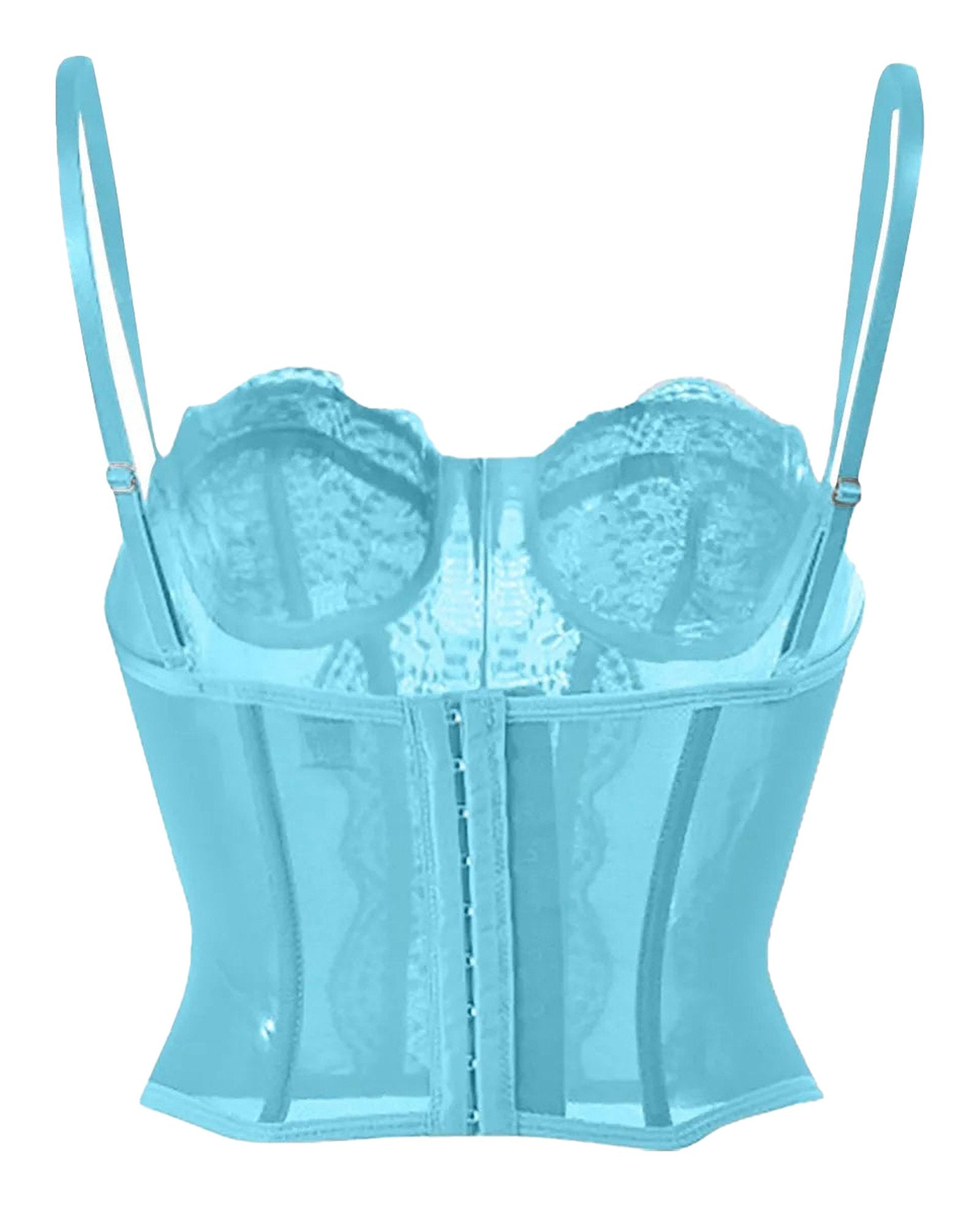 Light blue plus size gothic corset top with lace detailing and adjustable straps for a stylish fit