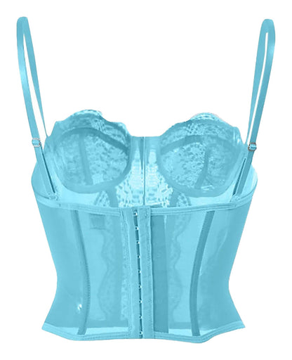 Light blue plus size gothic corset top with lace detailing and adjustable straps for a stylish fit
