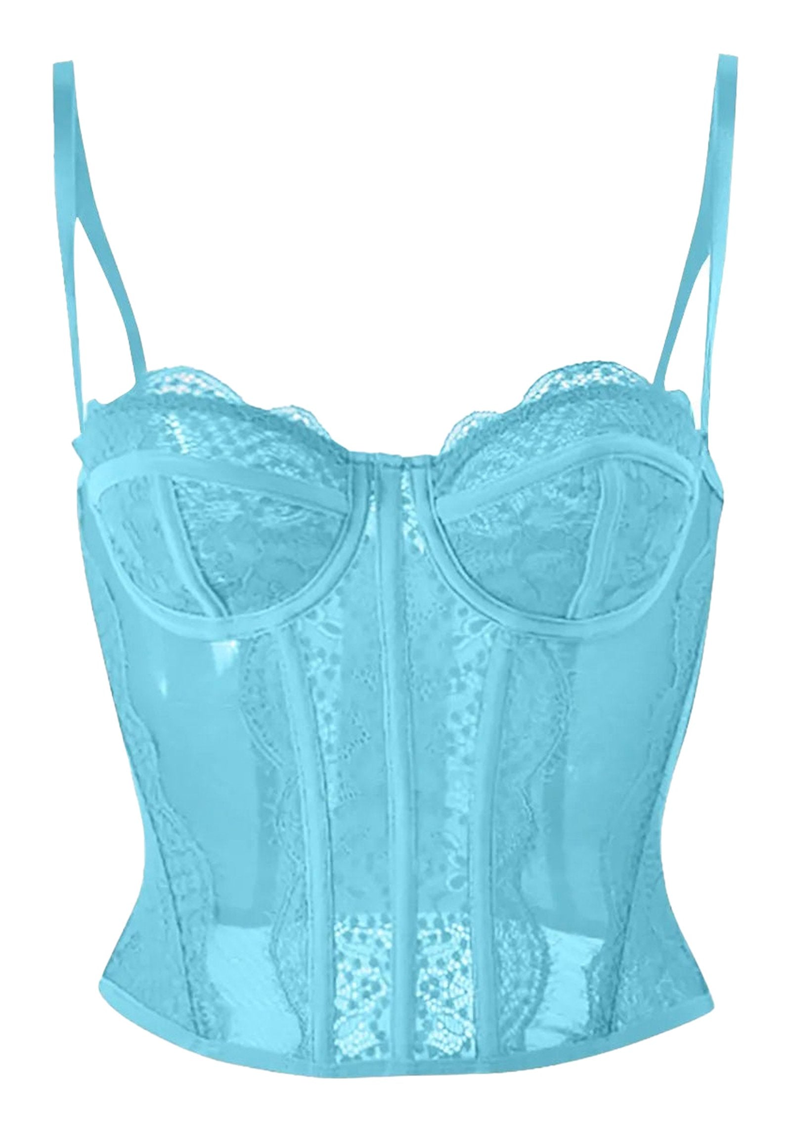 Plus size gothic corset top in bright blue with lace detailing and adjustable straps