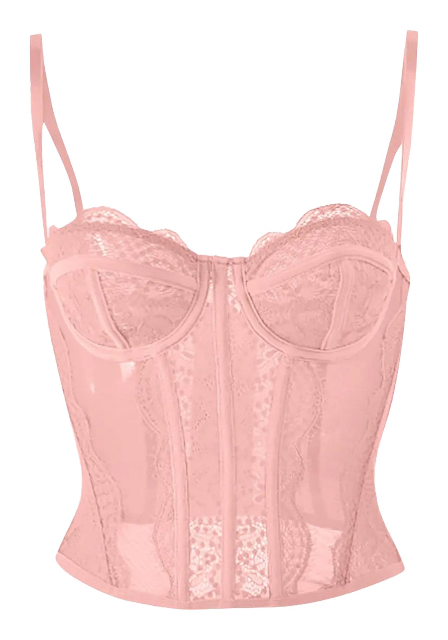 Pink plus size gothic corset top with lace detailing and zipper front closure for a stylish look