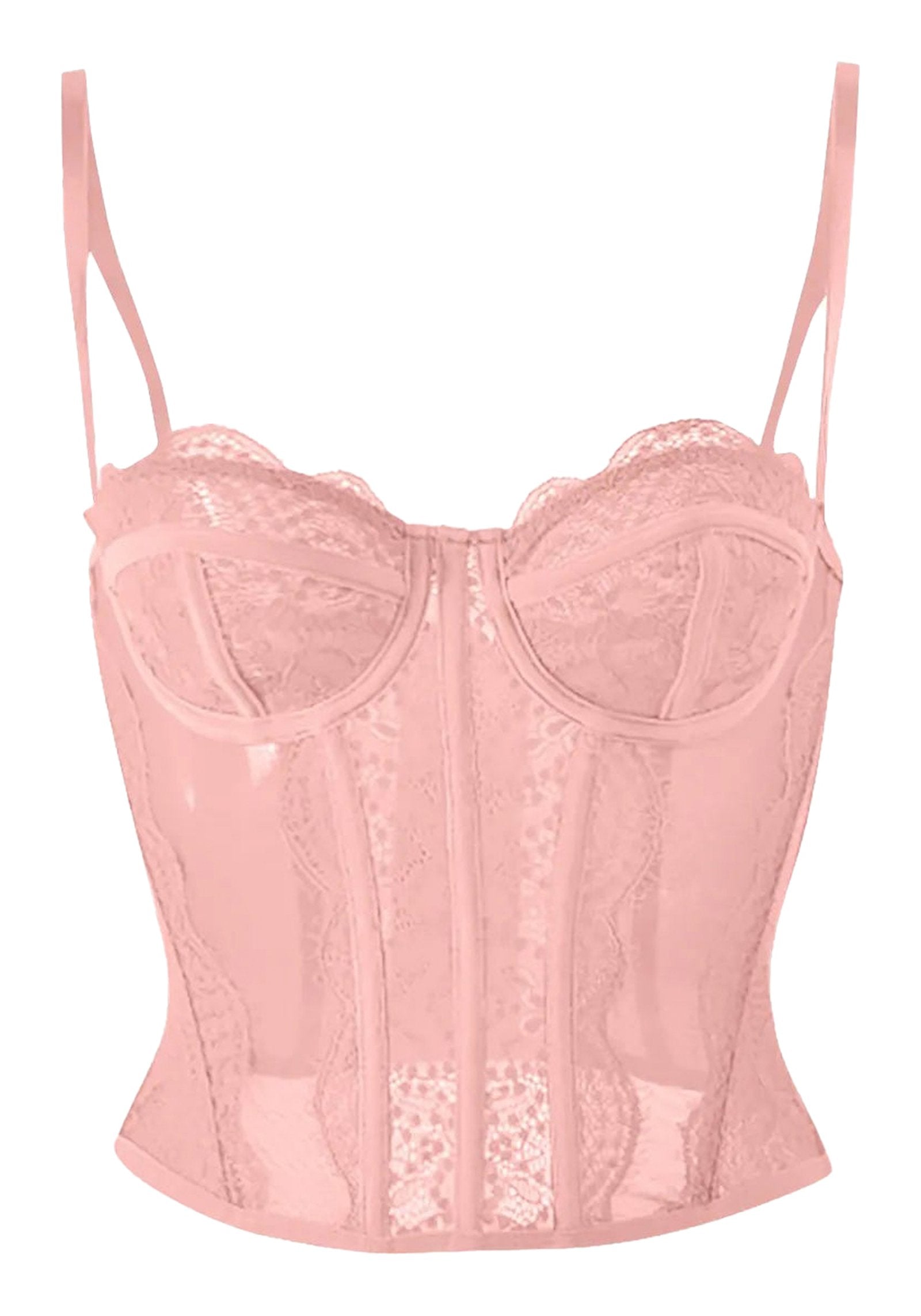 Pink plus size gothic corset top with lace detailing and zipper front closure for a stylish look