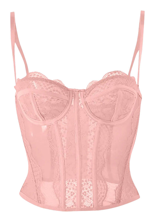 Pink plus size gothic corset top with lace detailing and zipper front closure for a stylish look