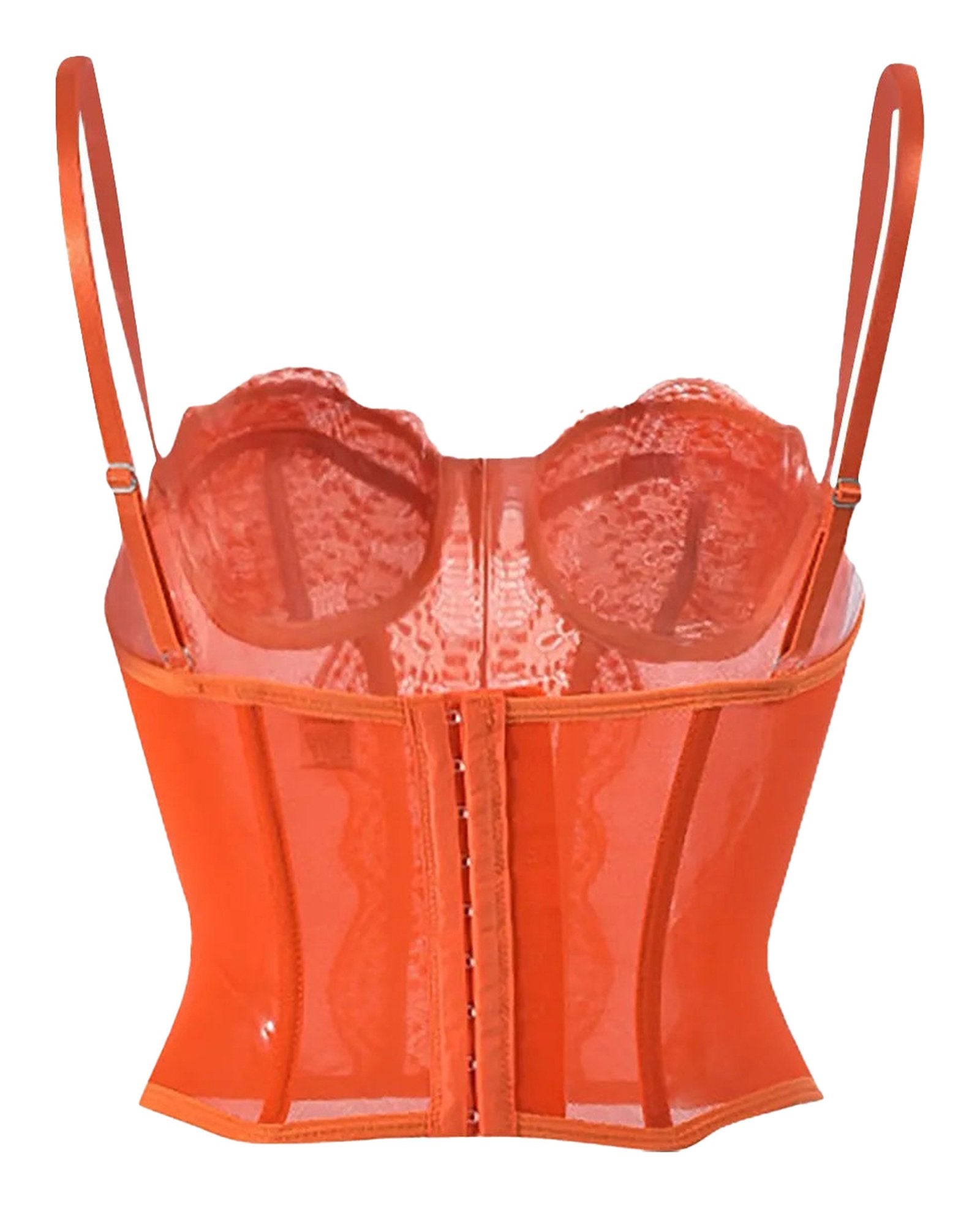 Plus size gothic corset top in vibrant orange with lace detailing and adjustable straps