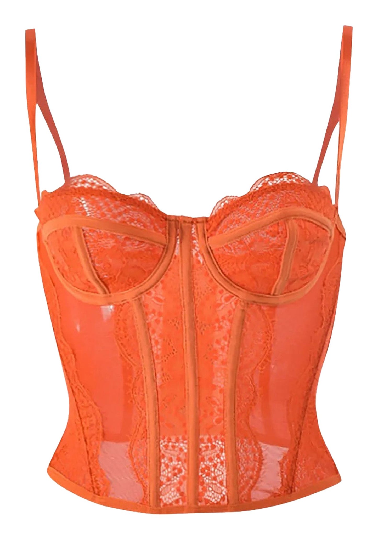 Orange plus size gothic corset top with lace design and adjustable straps for a stylish fit