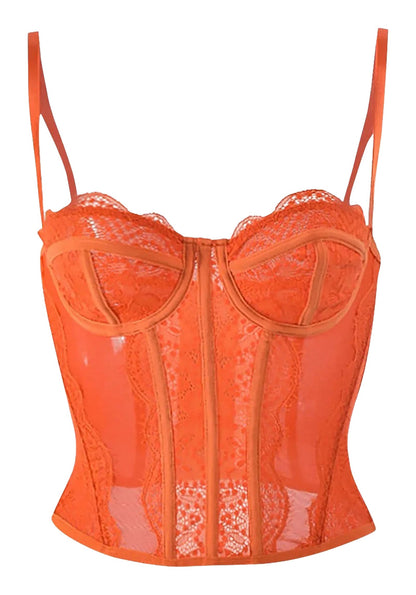 Orange plus size gothic corset top with lace design and adjustable straps for a stylish fit