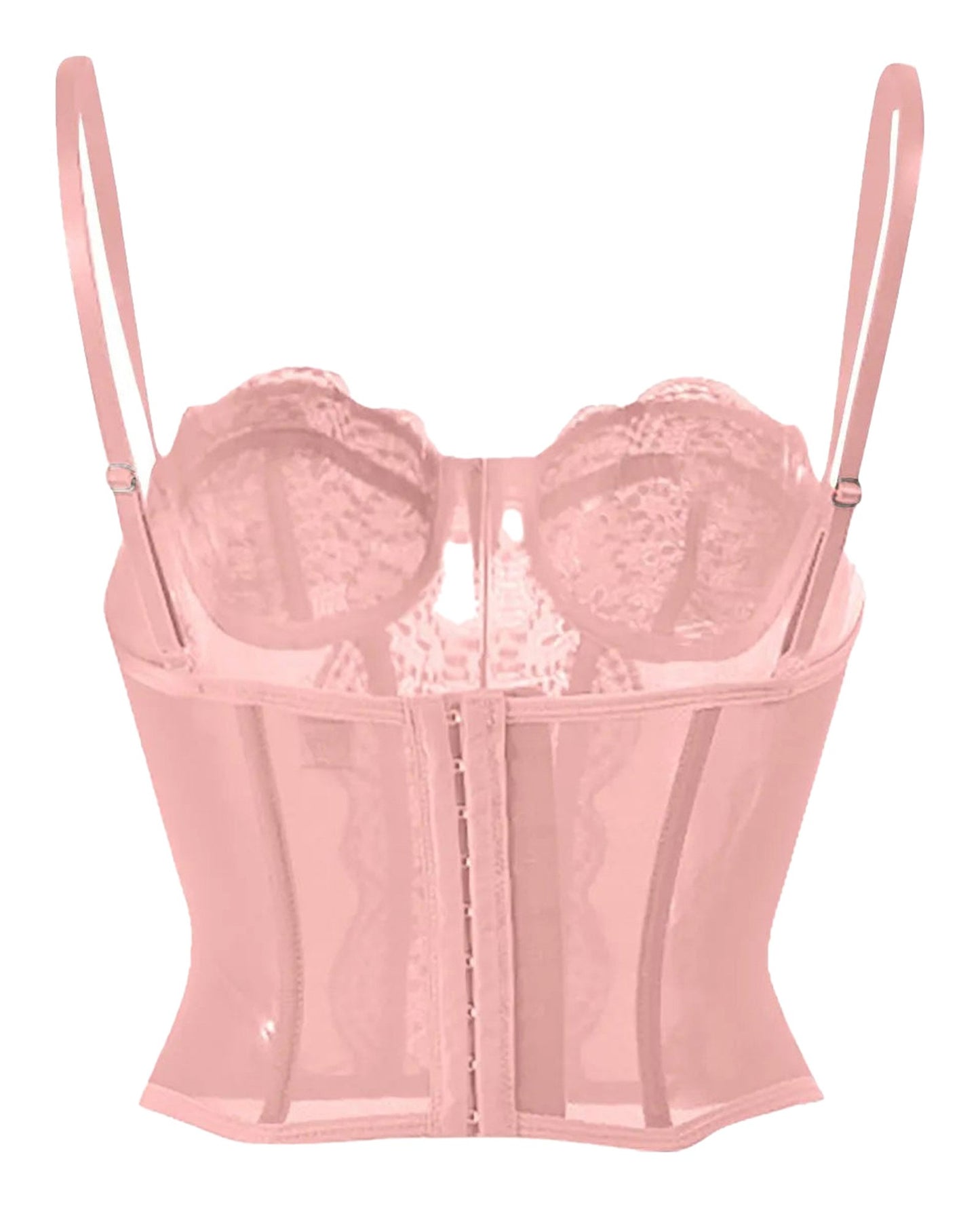 Plus size gothic corset top in pale pink featuring adjustable straps and lace detailing