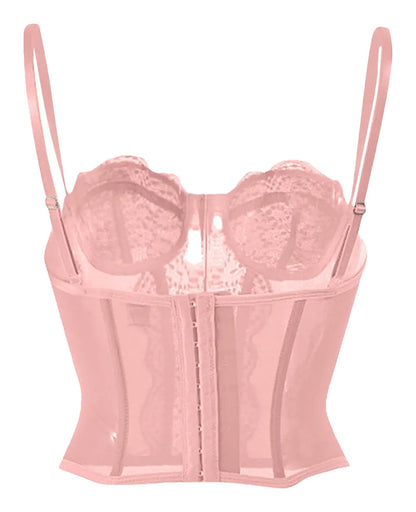 Plus size gothic corset top in pale pink featuring adjustable straps and lace detailing