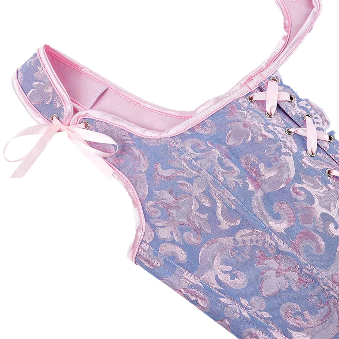 Plus size gothic corset top in blue floral design with pink accents and lace-up details