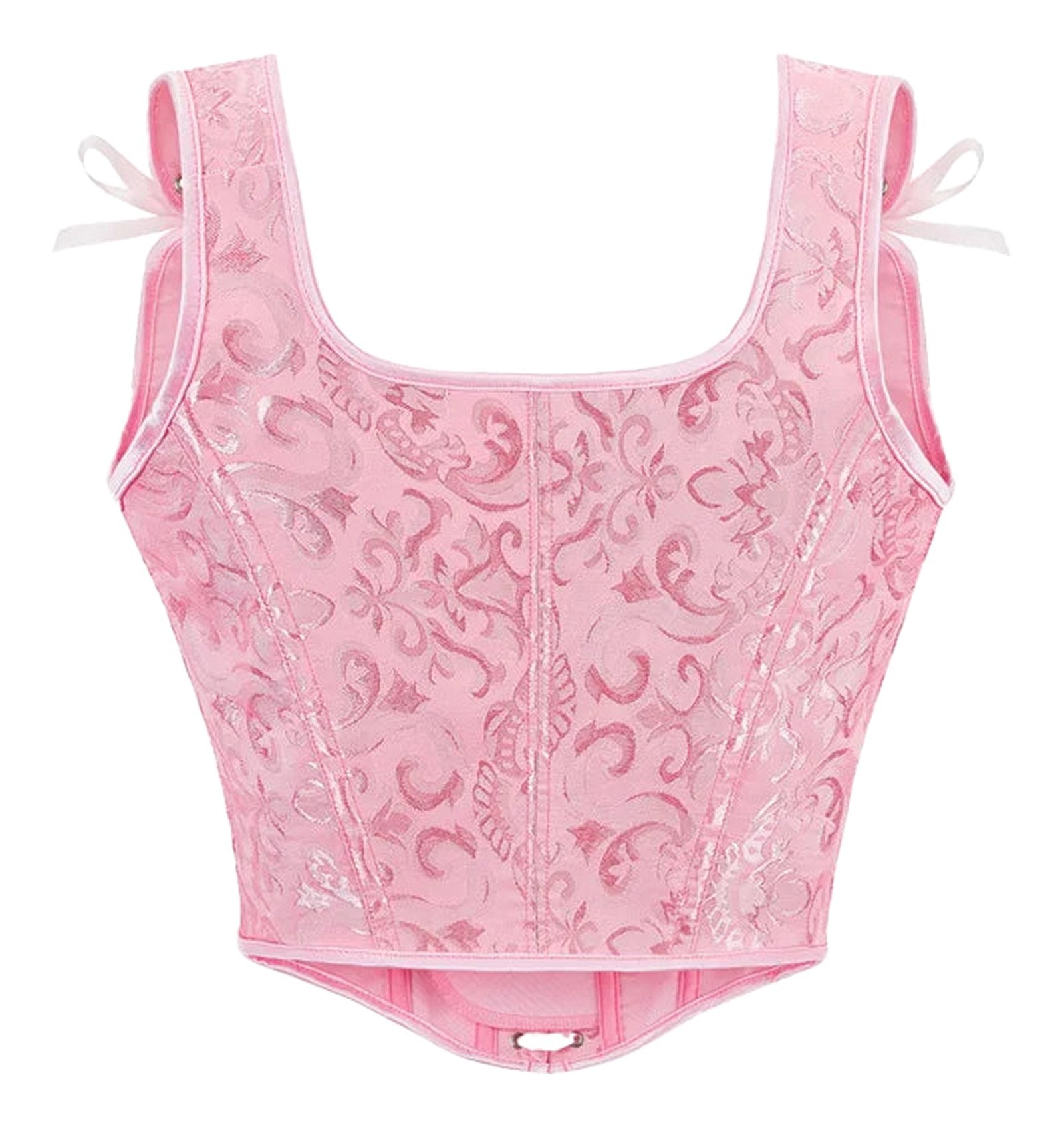 Plus size gothic corset top in soft pink fabric with elegant floral patterns and ribbon ties