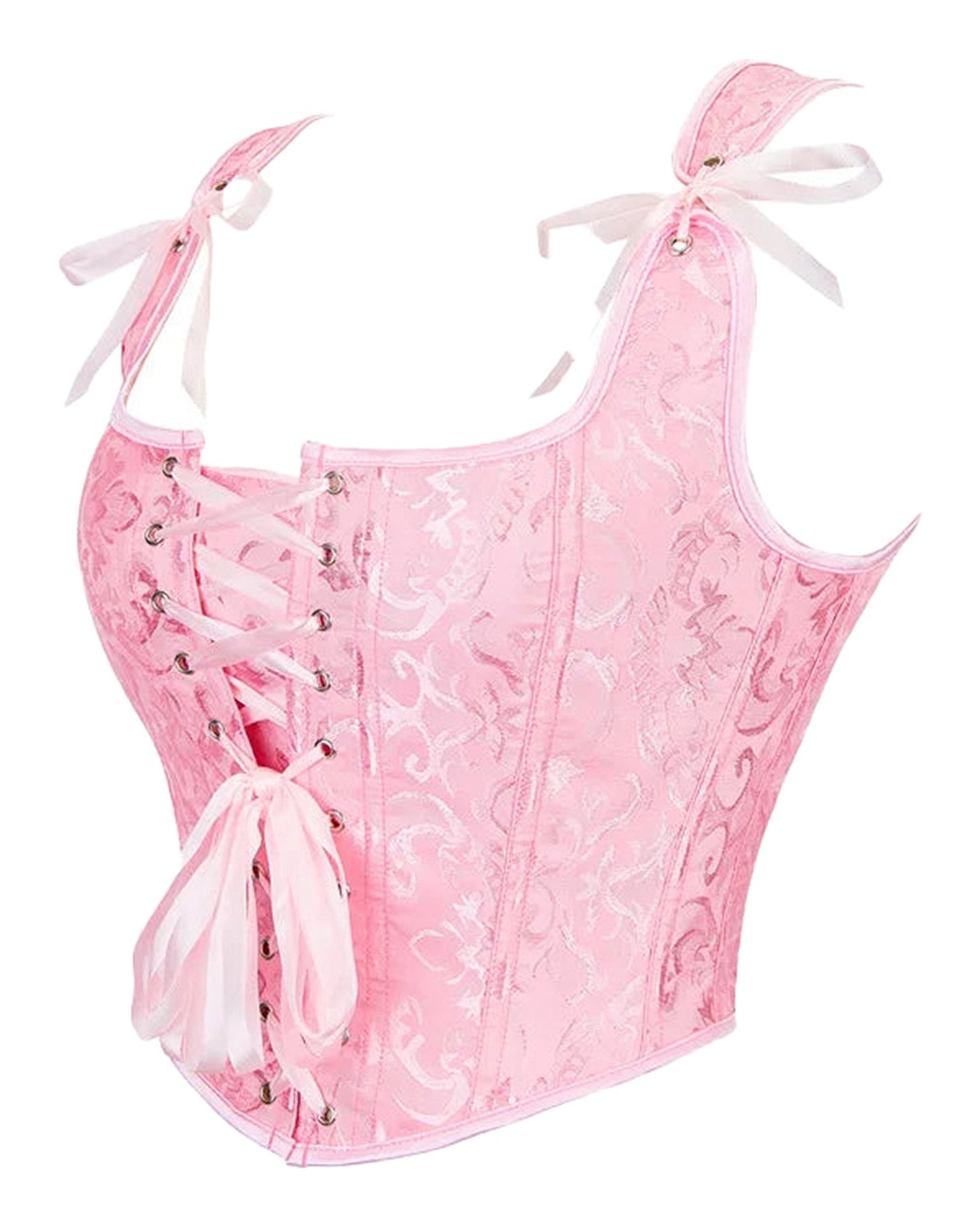 Elegant pink plus size gothic corset top with lace-up front and decorative ribbons
