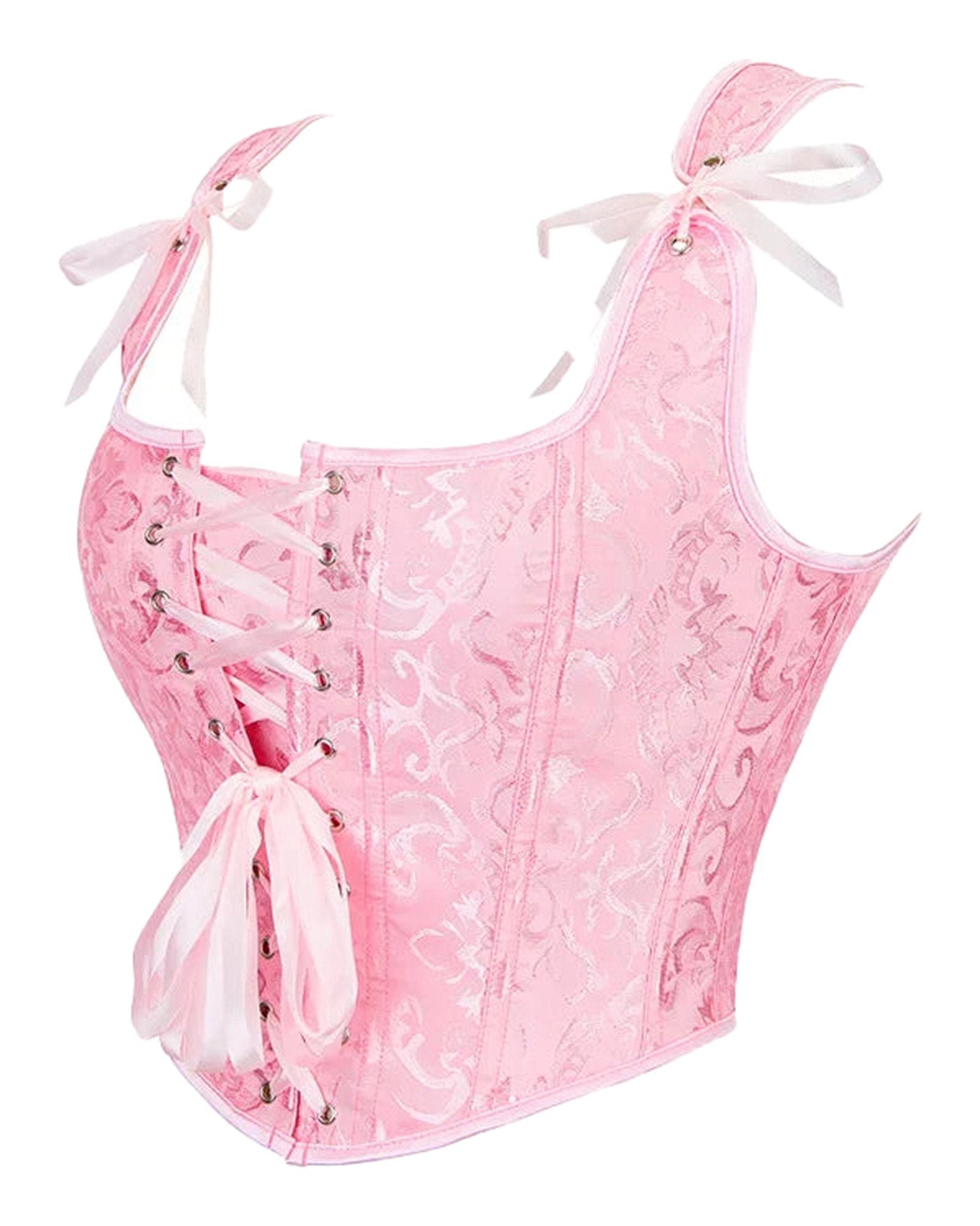 Elegant pink plus size gothic corset top with lace-up front and decorative ribbons