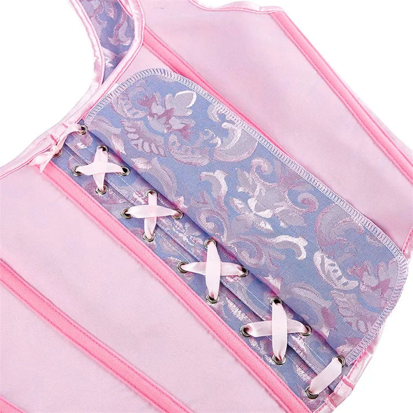 Close-up of a plus size gothic corset top in pink with lace detailing and adjustable lacing