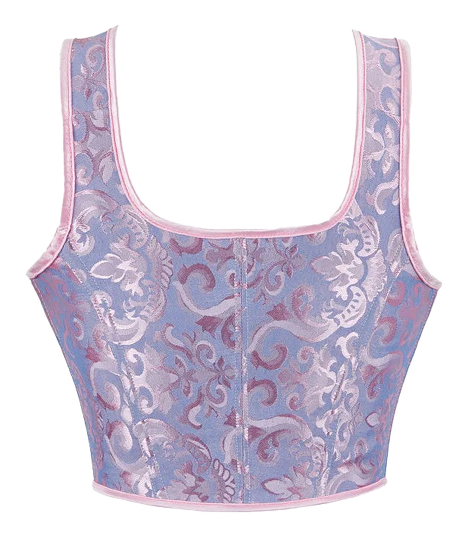 Plus size gothic corset top with elegant floral pattern and pink accents from LuckeLadybug LLC