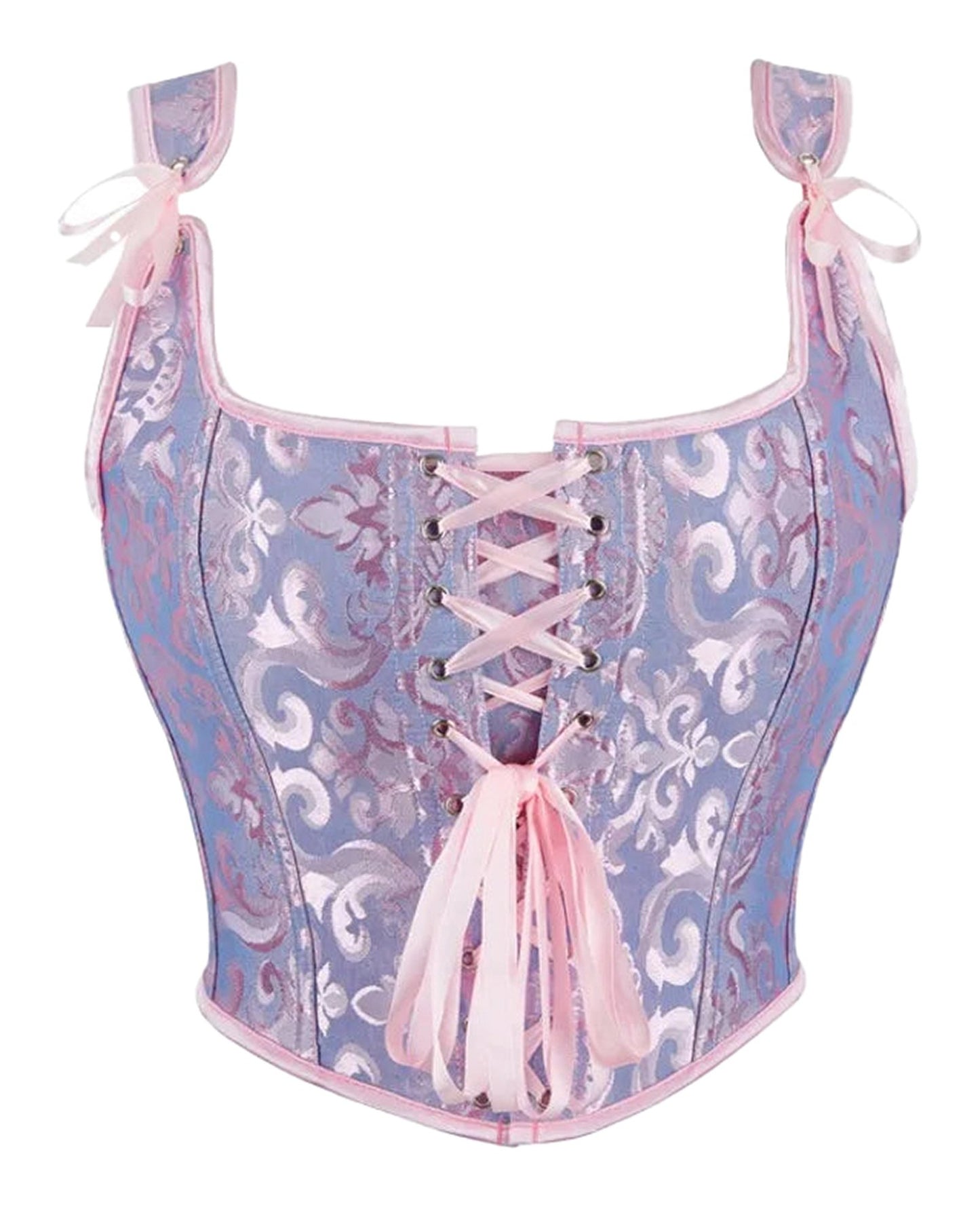 Plus size gothic corset top in blue and pink with lace-up front and bow accents