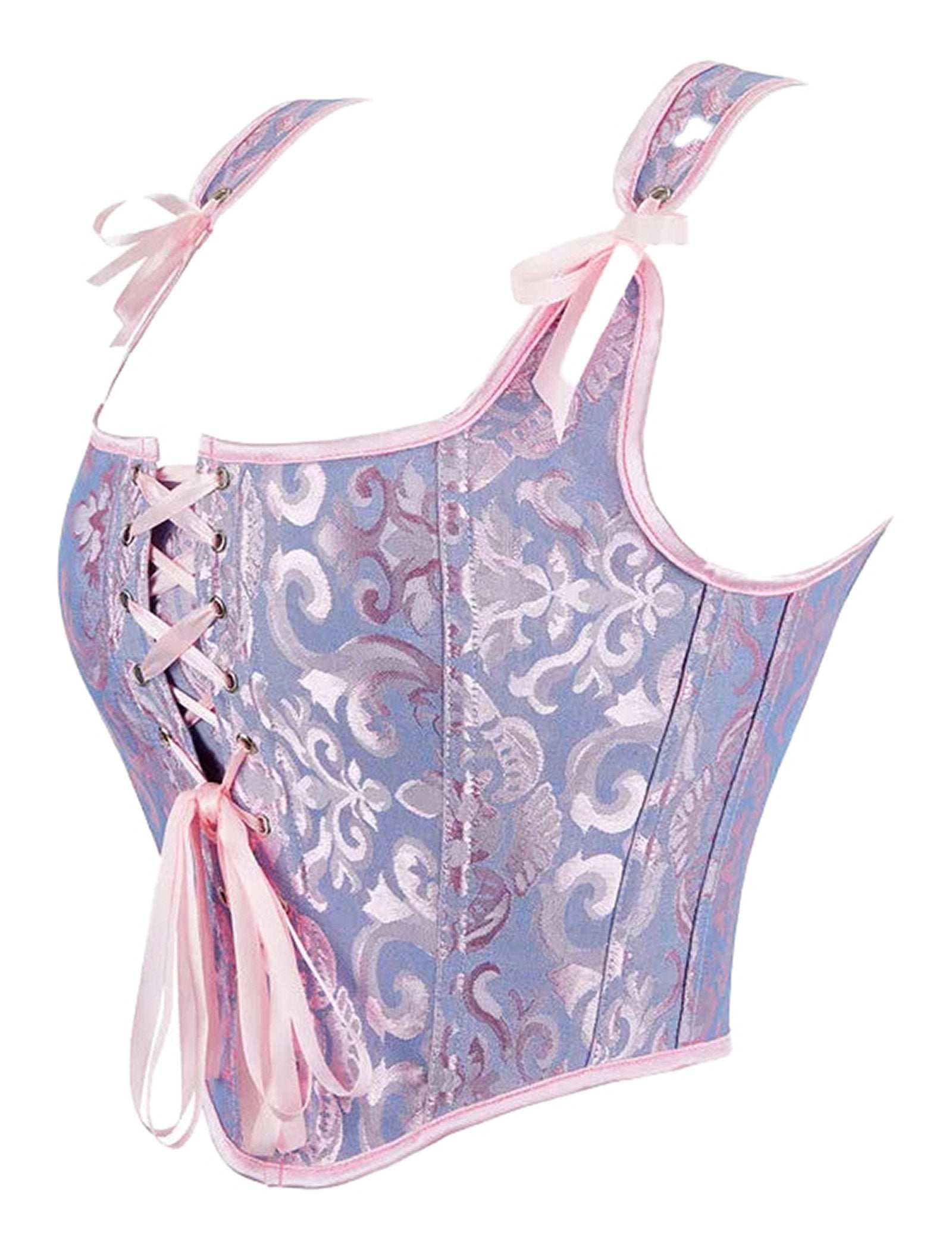 Plus size gothic corset top in pastel colors with lace-up front and ribbon details for a stylish look