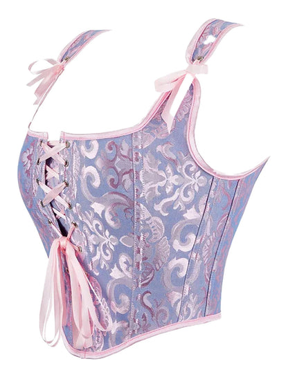 Plus size gothic corset top in pastel colors with lace-up front and ribbon details for a stylish look