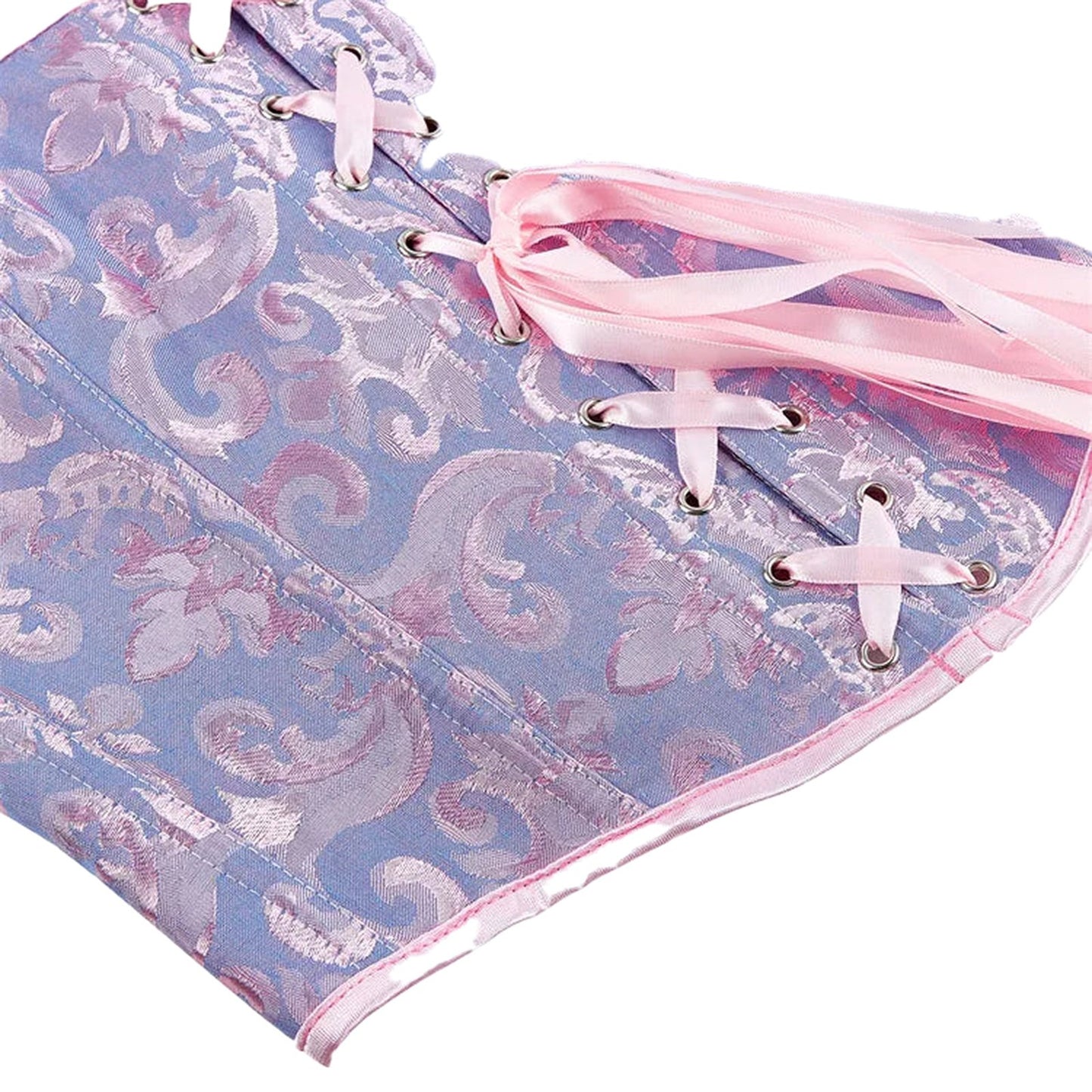 Plus size gothic corset top in pastel blue with pink laces and intricate floral patterns