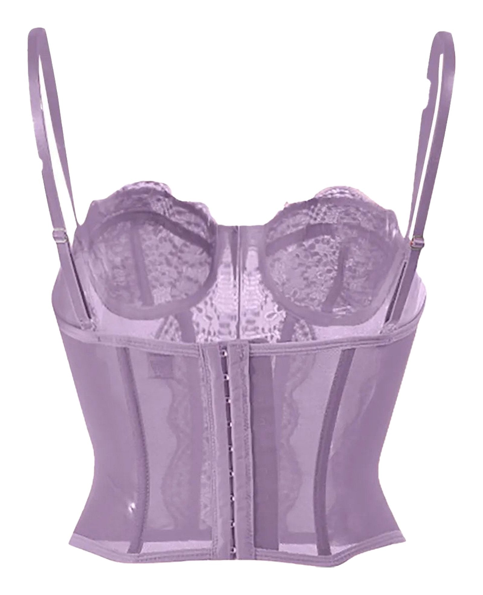 Plus size gothic corset top in lavender with adjustable straps and lace details