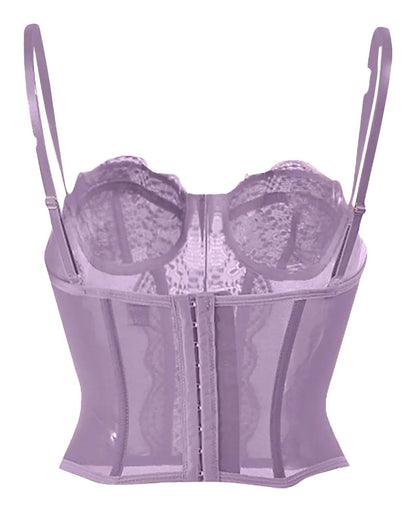 Plus size gothic corset top in lavender with adjustable straps and lace details