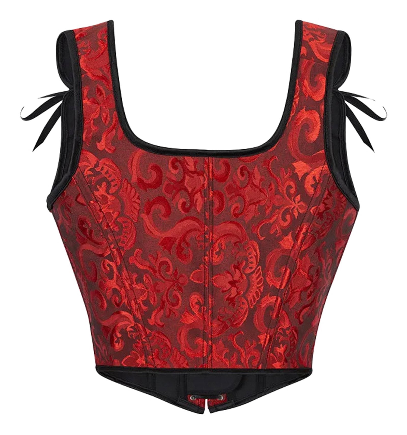Plus size gothic corset top in red with black accents and stylish ribbon ties for a bold look