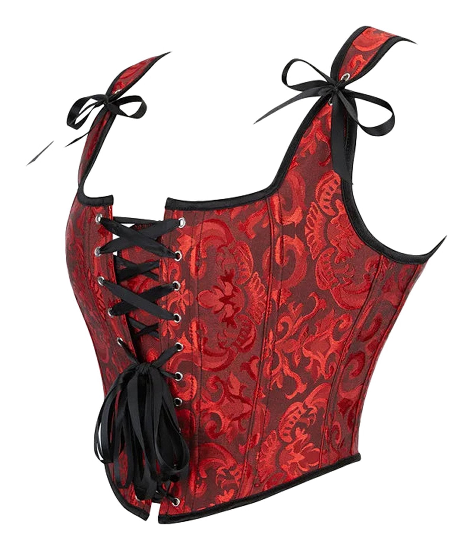 Luxurious red plus size gothic corset top with lace-up front and ribbon details