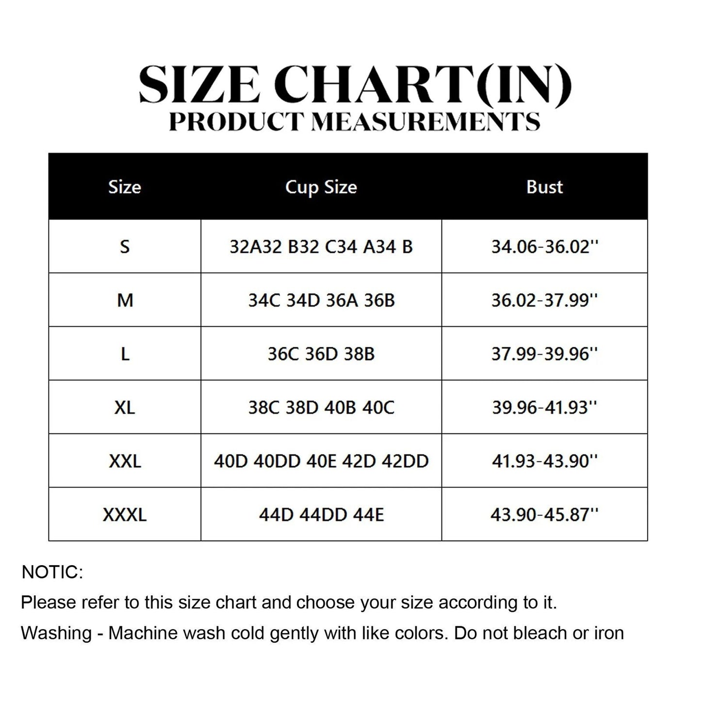 Size chart for plus size gothic corset top showing cup sizes and bust measurements for accurate fit