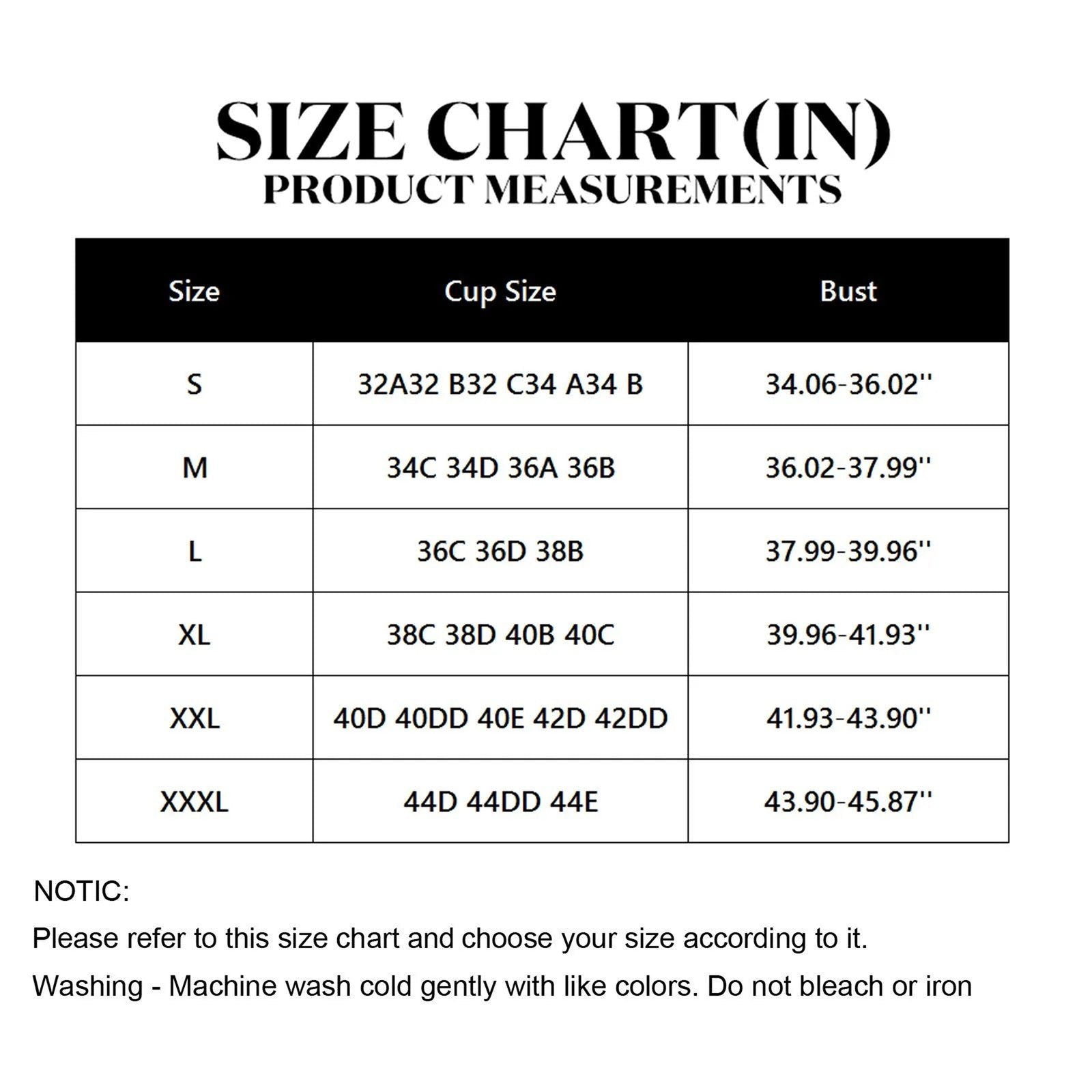 Size chart for plus size gothic corset top showing cup sizes and bust measurements for accurate fit