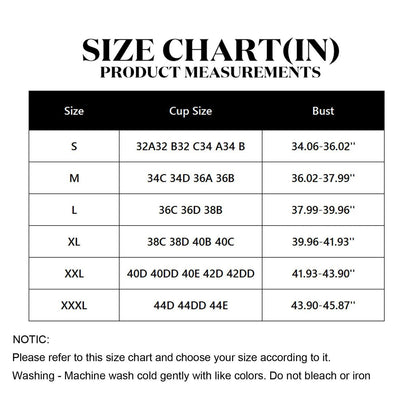 Size chart for plus size gothic corset top showing cup sizes and bust measurements for accurate fit