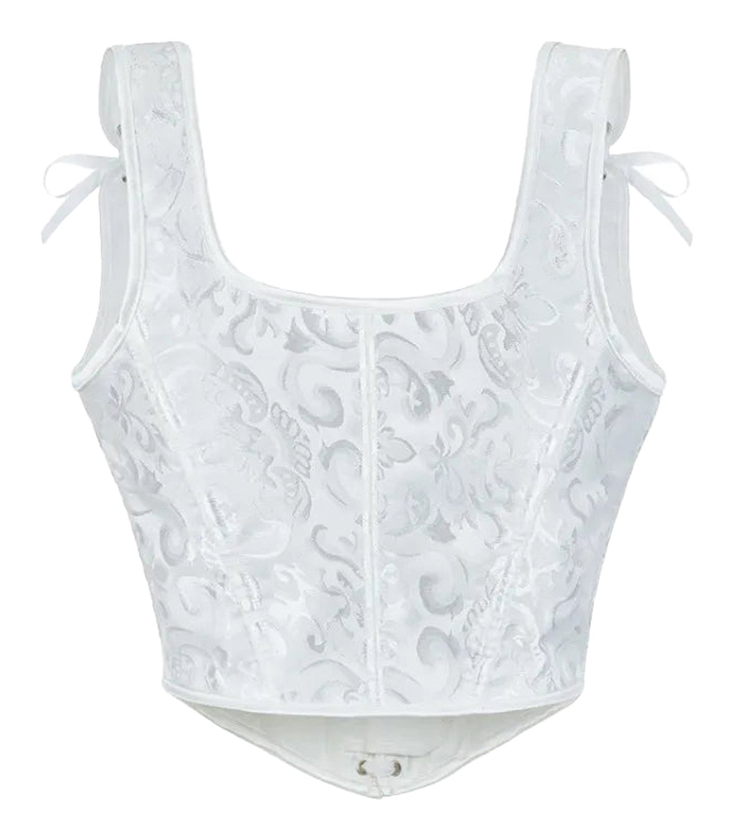 Elegant white plus size gothic corset top with floral patterns and adjustable tie straps