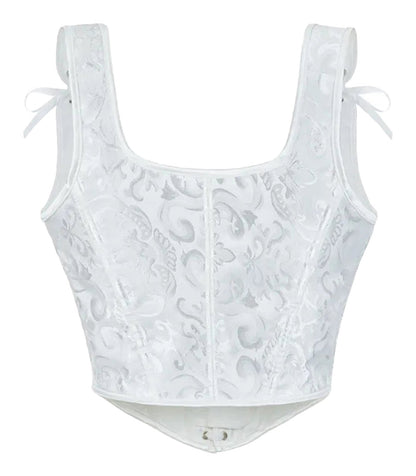 Elegant white plus size gothic corset top with floral patterns and adjustable tie straps