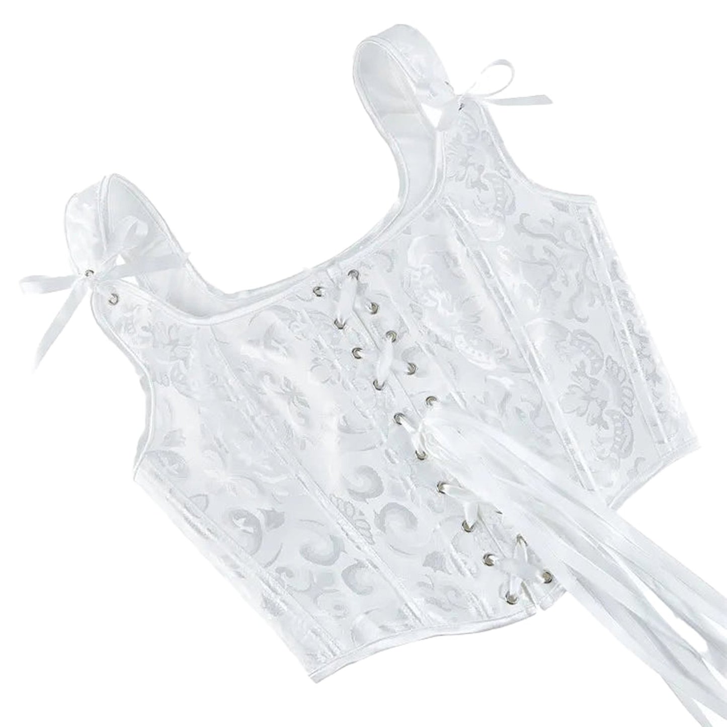 Elegant plus size gothic corset top in white with lace details and adjustable ribbon ties