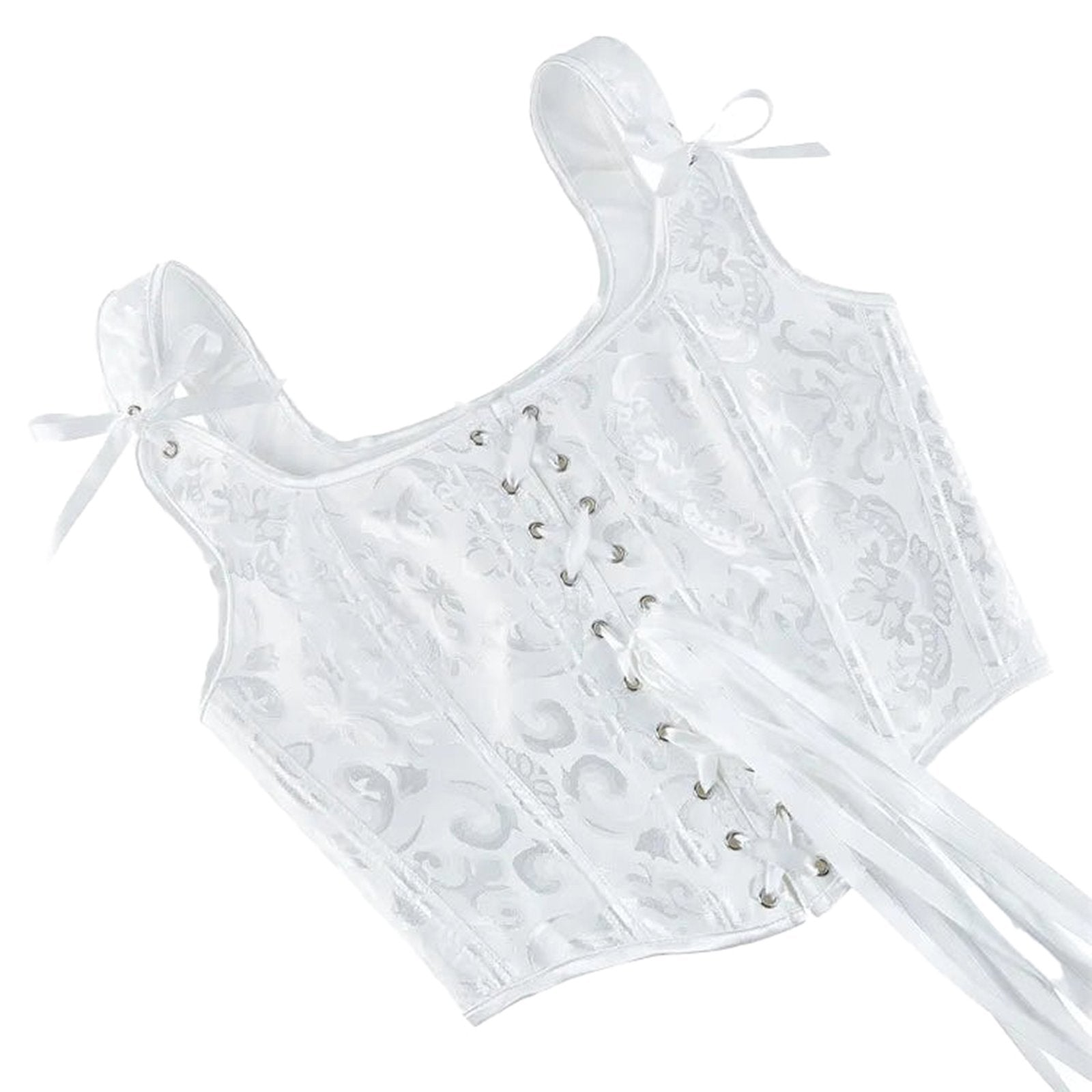 Elegant plus size gothic corset top in white with lace details and adjustable ribbon ties