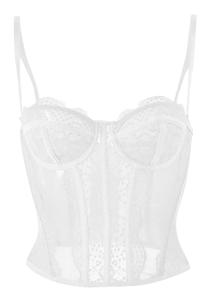 Plus size gothic corset top in sheer white lace with adjustable straps for a stylish, edgy look