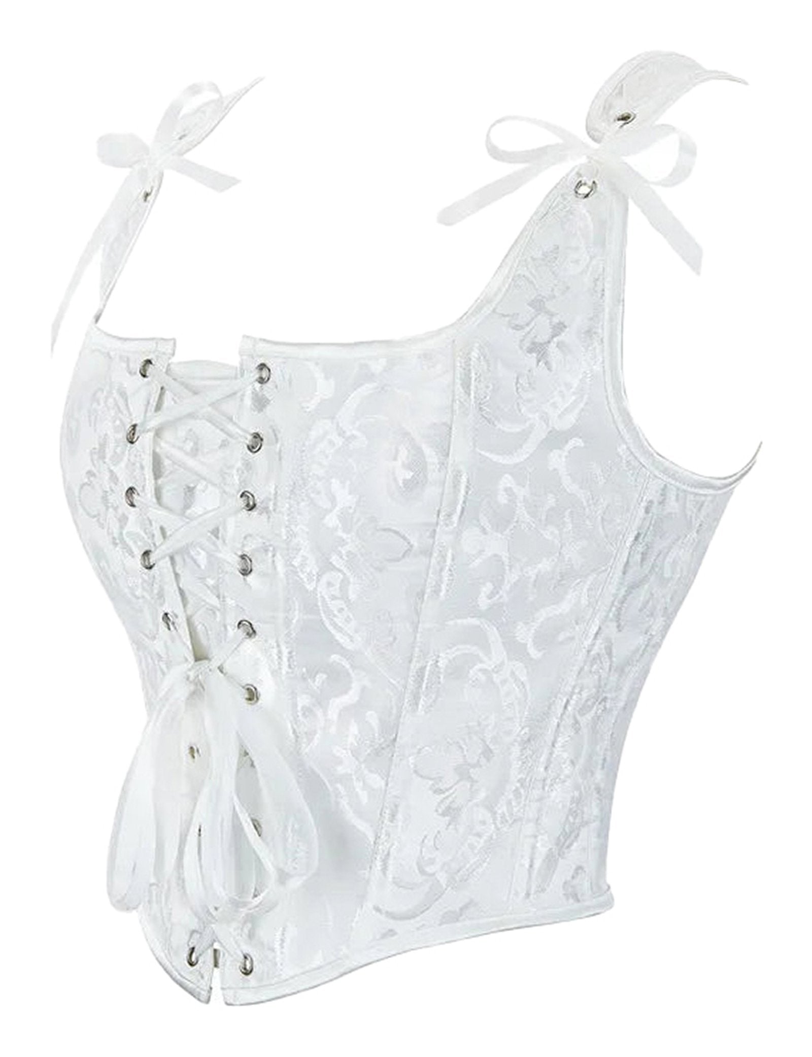 Elegant plus size gothic corset top in white with lace-up front and ribbon accents